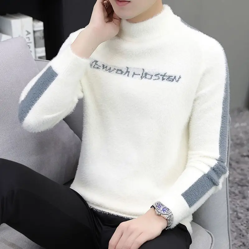 Men\'s Clothing Vintage Pullover Letter Sweater Knitted Long Sleeve Casual Fashion Autumn Winter Crew Neck Contrast Color Tops