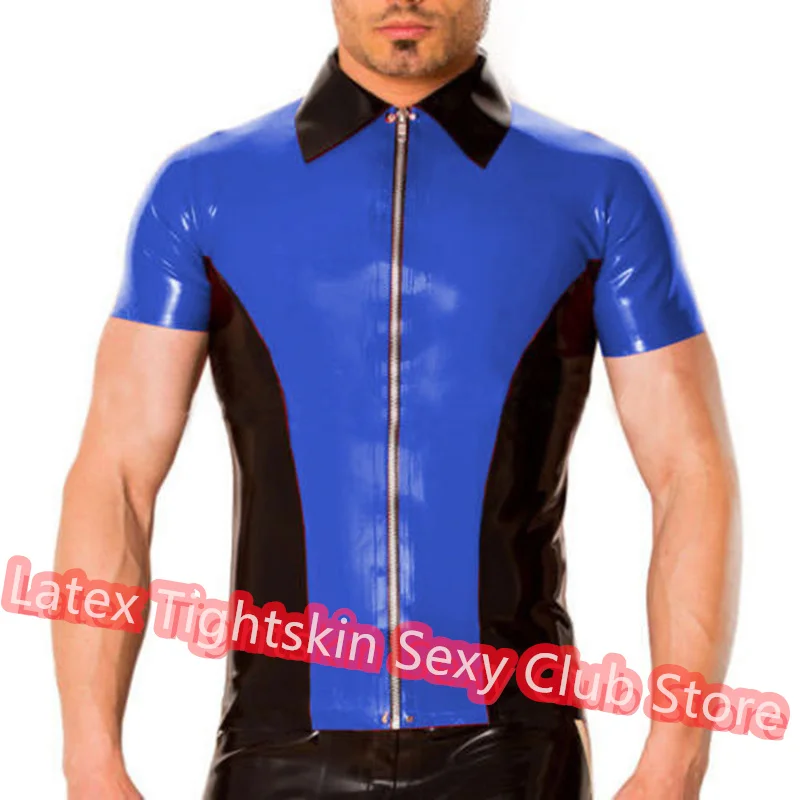 

Handmade Latex Men Sleeveless Shirt Man Sexy Tops Rubber Tank Blue with Black Front Zip Cosplay Costume