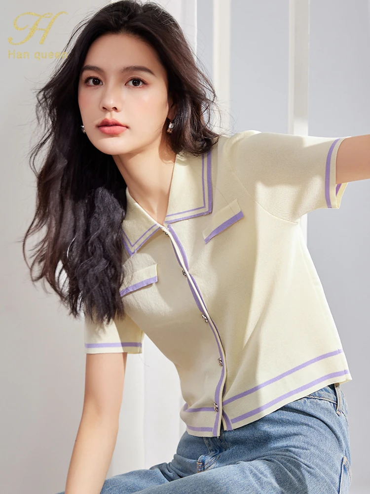 H Han Queen 2024 Korean Summer Knitting Shirts & Blouses Simple Short Sleeve Tops Loose Elegant Blouse  Women\'s Clothing Sales