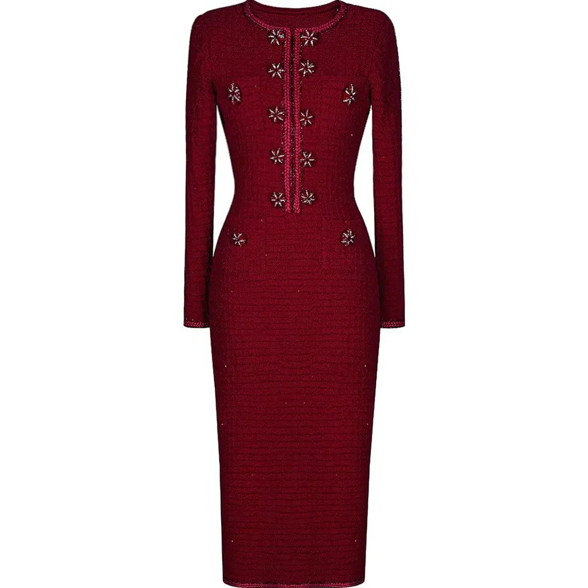 

Spring New High-Quality Fashionable Commuting Elegant Woolen Knitted Fabric Button Slim Fit Round Neck Long Sleeved Dress