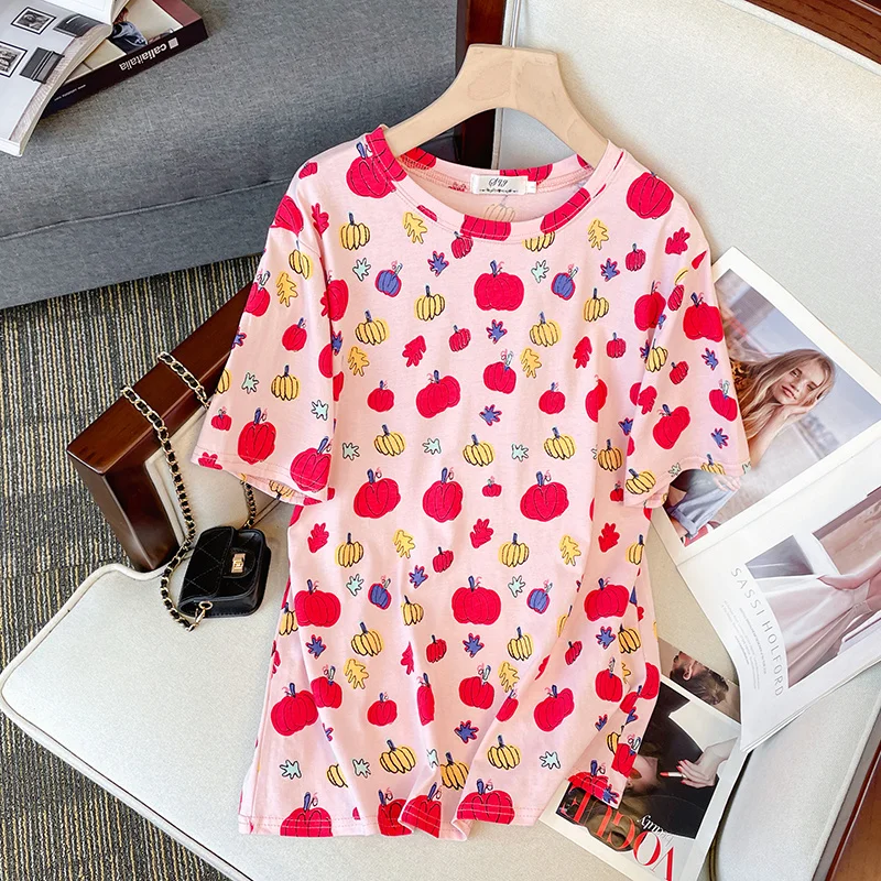 L-4XL Large Size Cotton Basic T-shirt Women Summer Short-sleeve Fruit Printed Loose Tops Female Oversize Round Neck Retro Tshirt