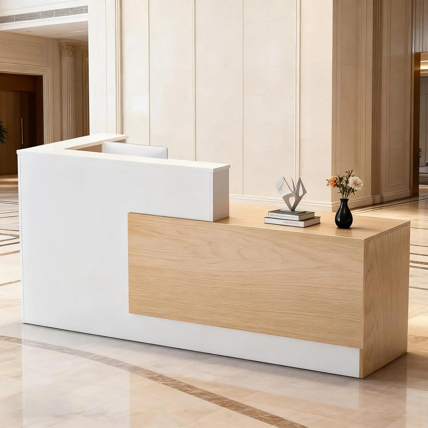 L-Shaped Large Wooden Reception Desk, Modern Front Desk Reception Counter with Lockable Drawers & Storage &, Customized