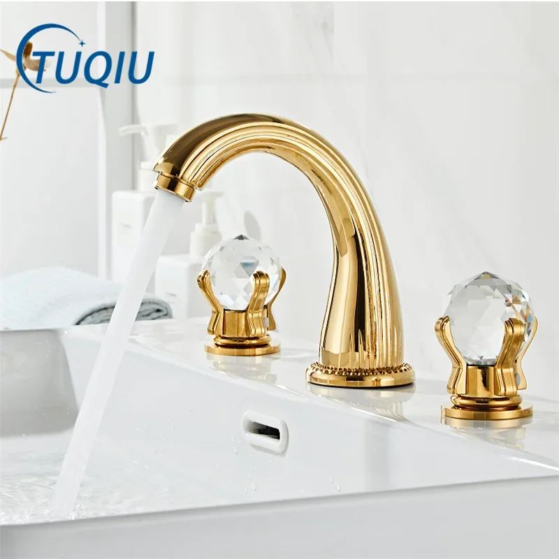 Basin Faucet Gold Widespread Sink Tap Brass Faucet Bathroom Sink Faucet 3 Hole Crystal Handle Hot And Cold Water Tap