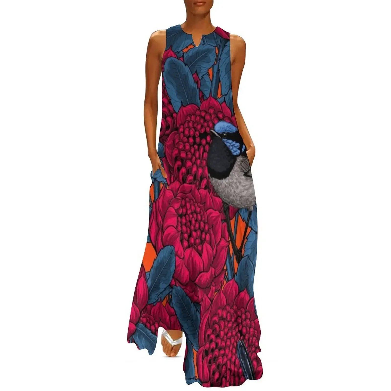 

Red waratah and fairy wrens Long Dress prom clothes Evening dresses Elegant gown women's clothing trend 2025 Dress