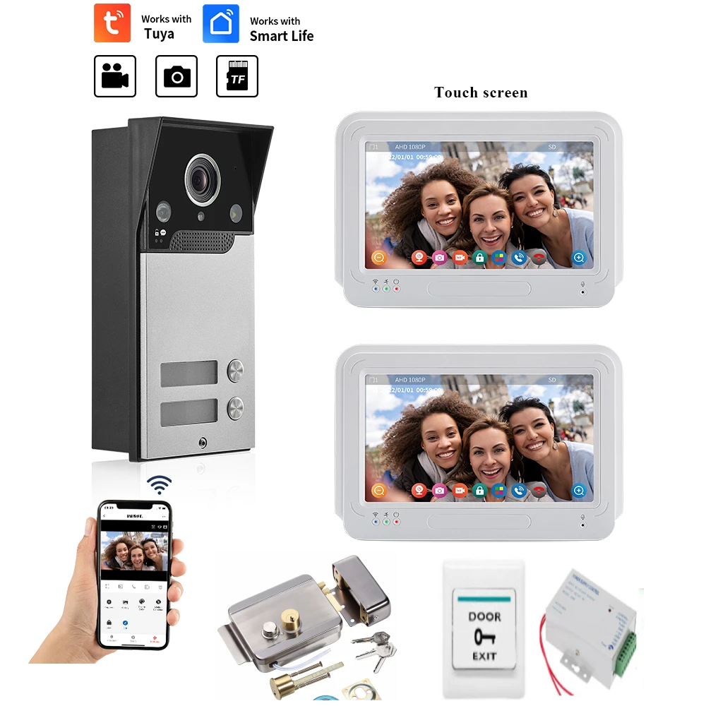 

2 Unit Multi Apartments Intercom Video Doorbell with Tuya APP Unlock 7inch 4 WiFi Wired Video Door Phone System