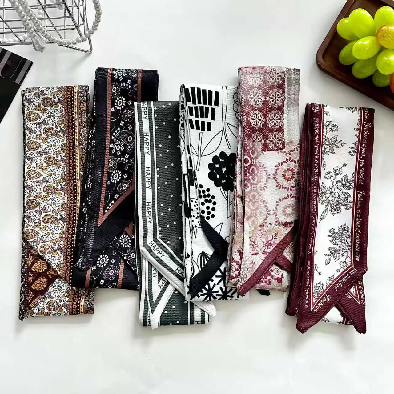 Long Skinny Scarf Retro Floral Print Lightweight Soft Women Hair Tie Bag Wrap Belt Daily Accessory