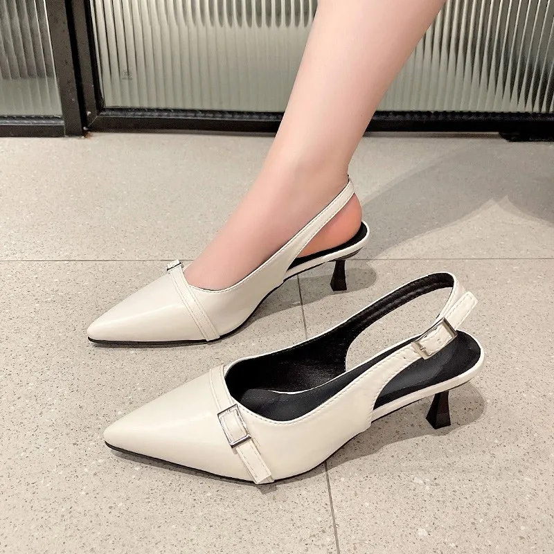 2024 Women Summer New Sandals New Luxury Designer Temperament Black Sandals Pointed Toe Kitten Stiletto Heel Buckle Shoes