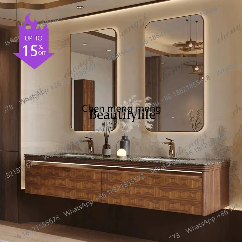 03A Medieval style bathroom cabinet combination luxury stone countertop ceramic basin smart mirror custom washing table