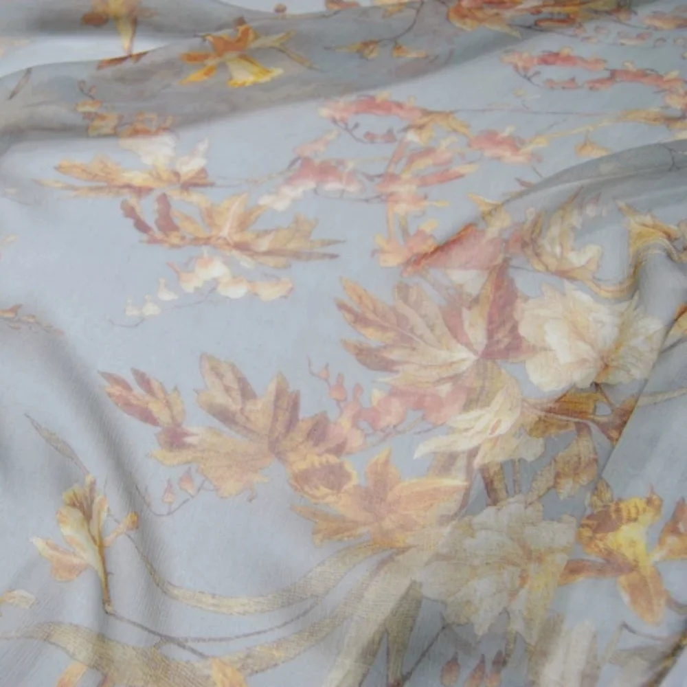 Soft Light Blue Vintage Dried Brown Leaf Wholesale Silk Crepe Chiffon Fabric for Lady Kids Shirt Apparel Sleepwear Saree Trouser view 3