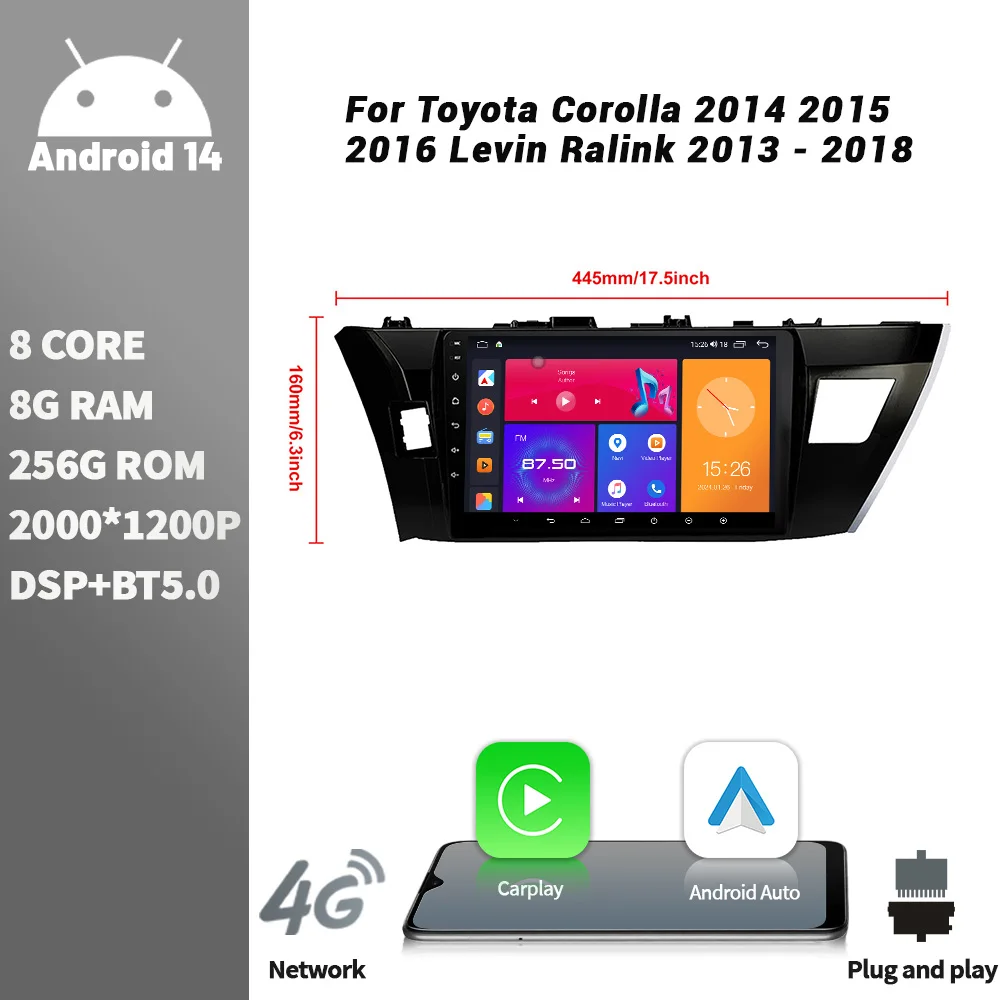 For Toyota Corolla 2014 2015 2016 Levin Ralink 2013 Car Radio Multimedia Player Android Bluetooth Wireless CarPlay Touch Screen