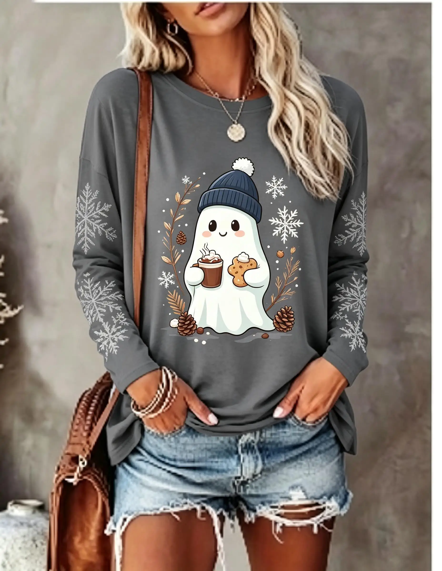 Women's Long Sleeve T-shirt Cute Christmas Ghost Gingerbread Man Coffee Print Crew Neck Casual Top view 4