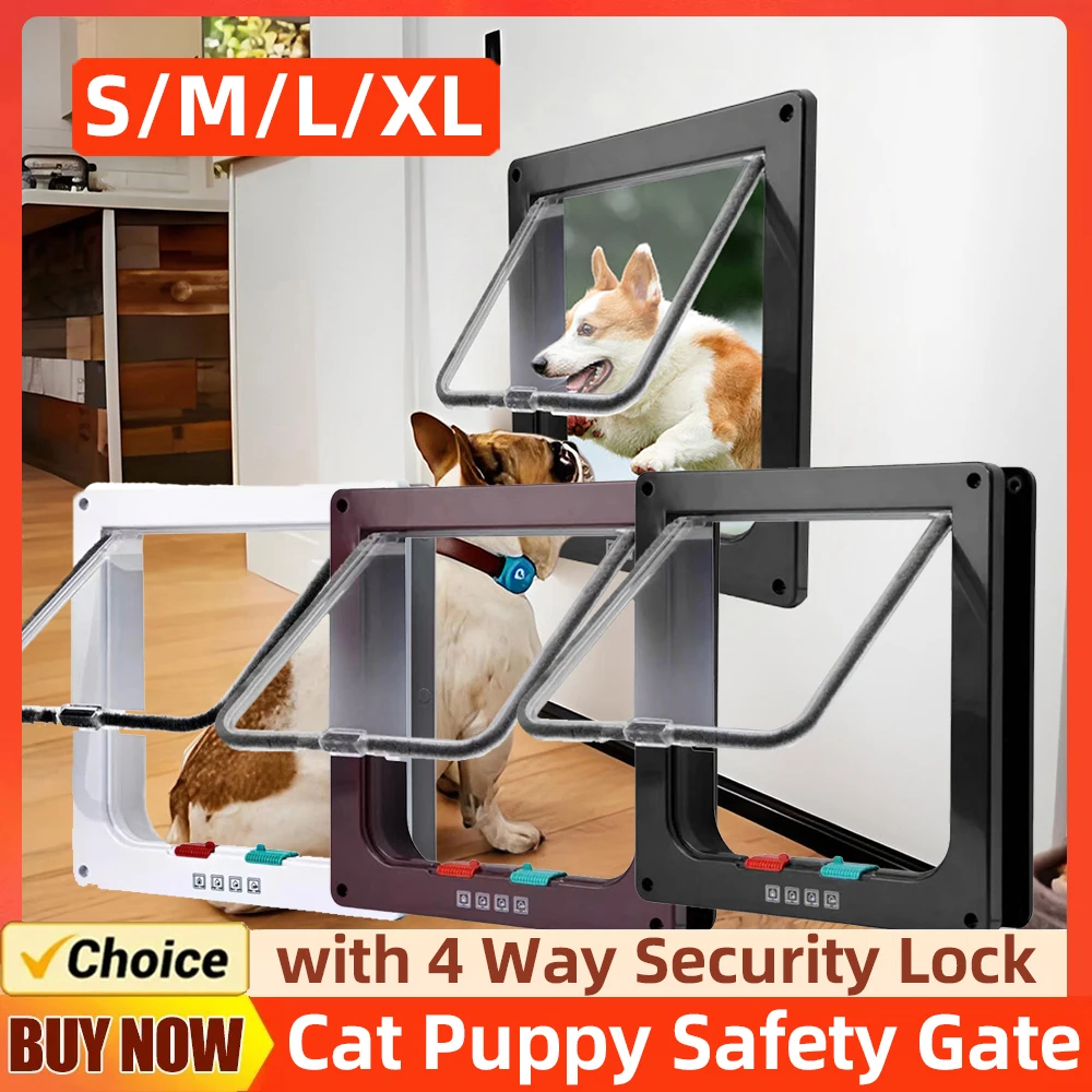 Puerta de seguridad con solapa para perro, gato, gatito, cachorro, entrada y salida para mascotas con cerradura de seguridad de 4 vías, puertas correderas para mascotas