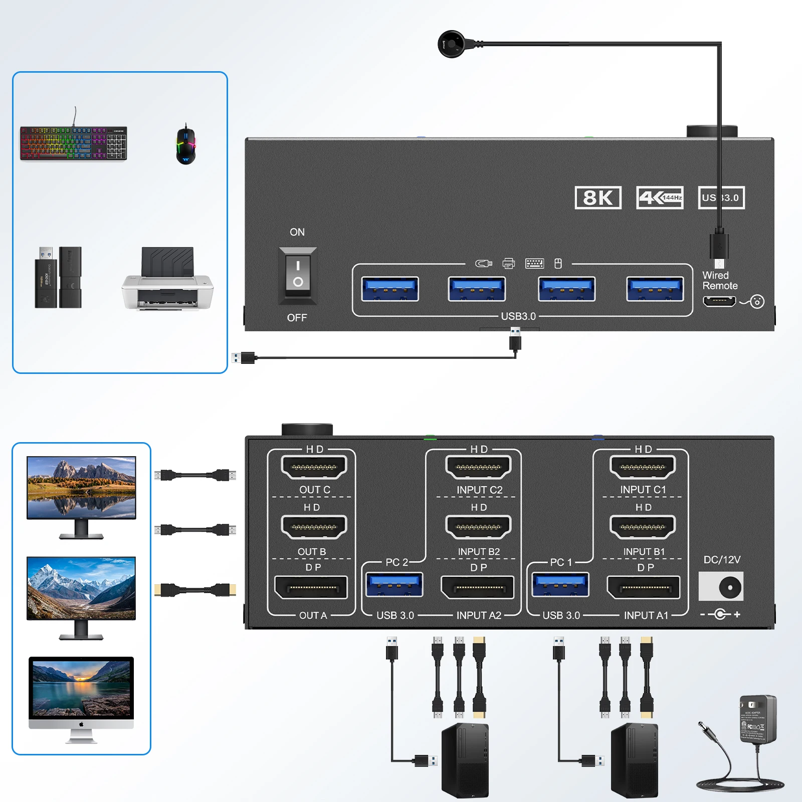 KCEVE 8K Tripe 3 모니터 KVM 스위처, USB 3.0 허브 HDMI 호환 DP 도킹 스테이션 스위치 선택기, 2 컴퓨터 공유 키보드