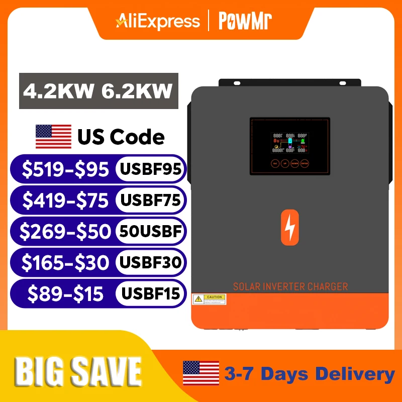 PowMr 6.2KW 4.2KW Hybrid Solar Inverter On Grid Pure Sine Wave Inverter 24V 48V 230V Dual Output with MPPT 120A Solar Charger