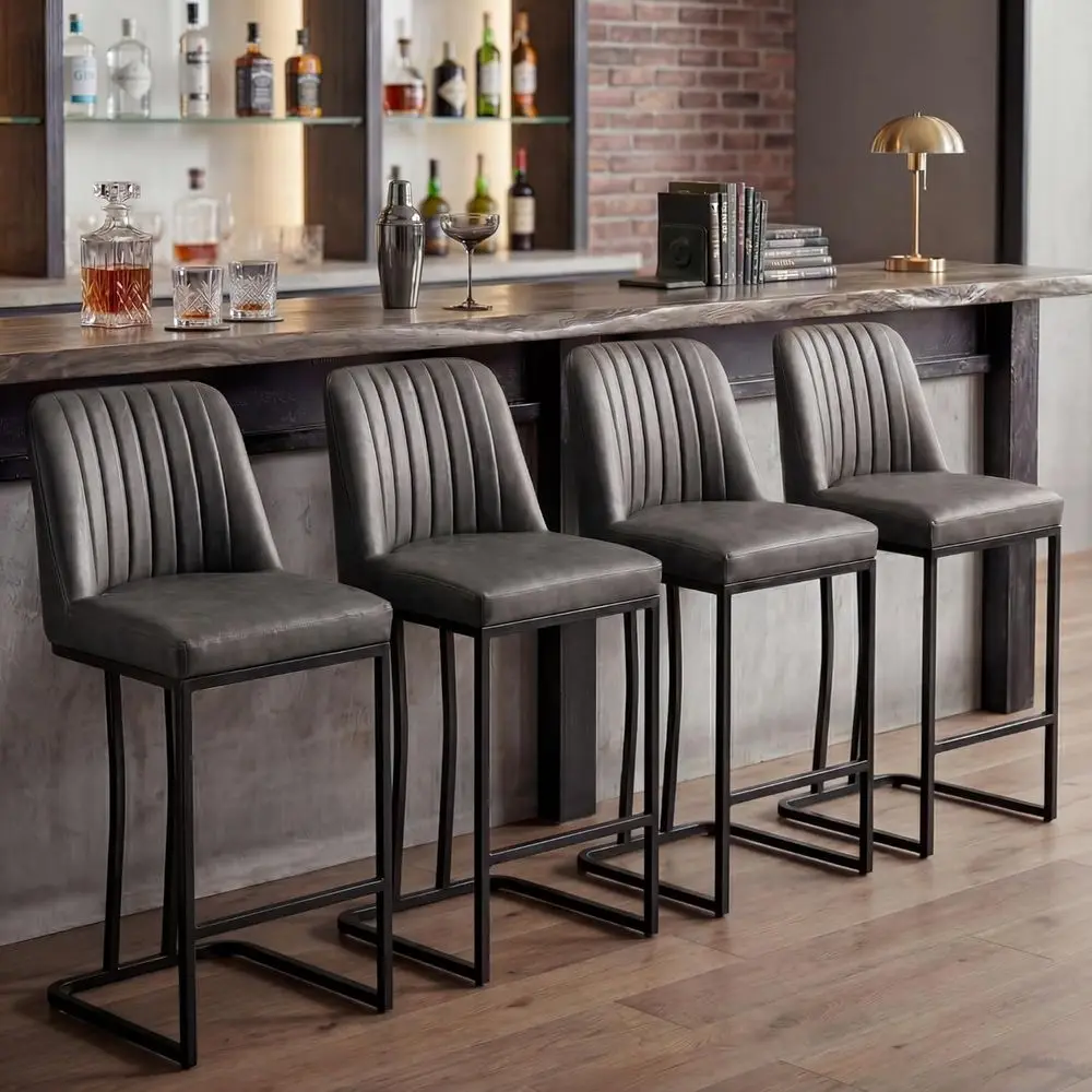 

Counter Height Bar Stools Set o 4, 24.8 Inch ern Upholstered PU Bar Chairs with Backrest and ootrest, Black Metal Leg or Kitchen