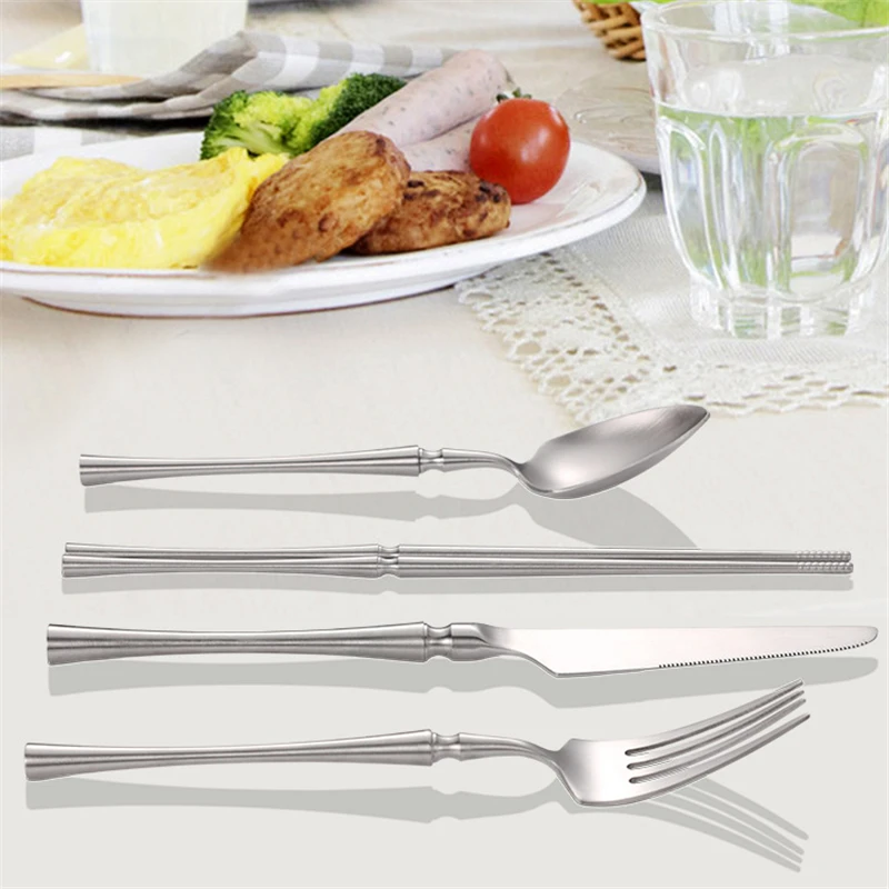 الفضة ماتي 304 الفولاذ المقاوم للصدأ مجموعة أدوات المائدة سليم كاملة سكين ملعقة شوكة مجموعات المنزلية عشاء الإفطار الجدول الملحقات #3