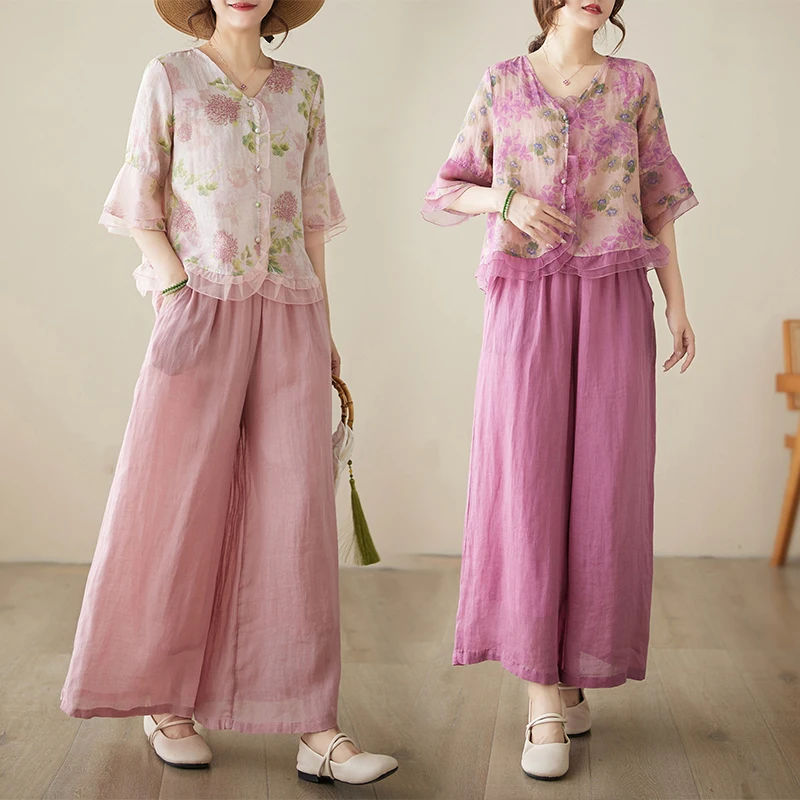 

plus Size Women's Casual Spring Summer New Chinese Style Two-Piece Set Comfortable Pants Top Mom Clothes plus Size Fashion