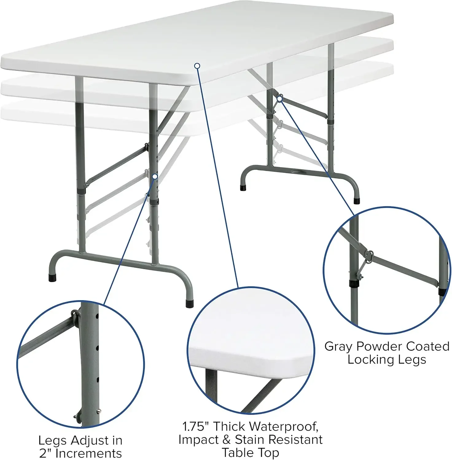 Kathpopn-Table de banquet pliable en plastique, rectangulaire, réglable, portable, événements intérieurs et extérieurs, blanc, 6 po