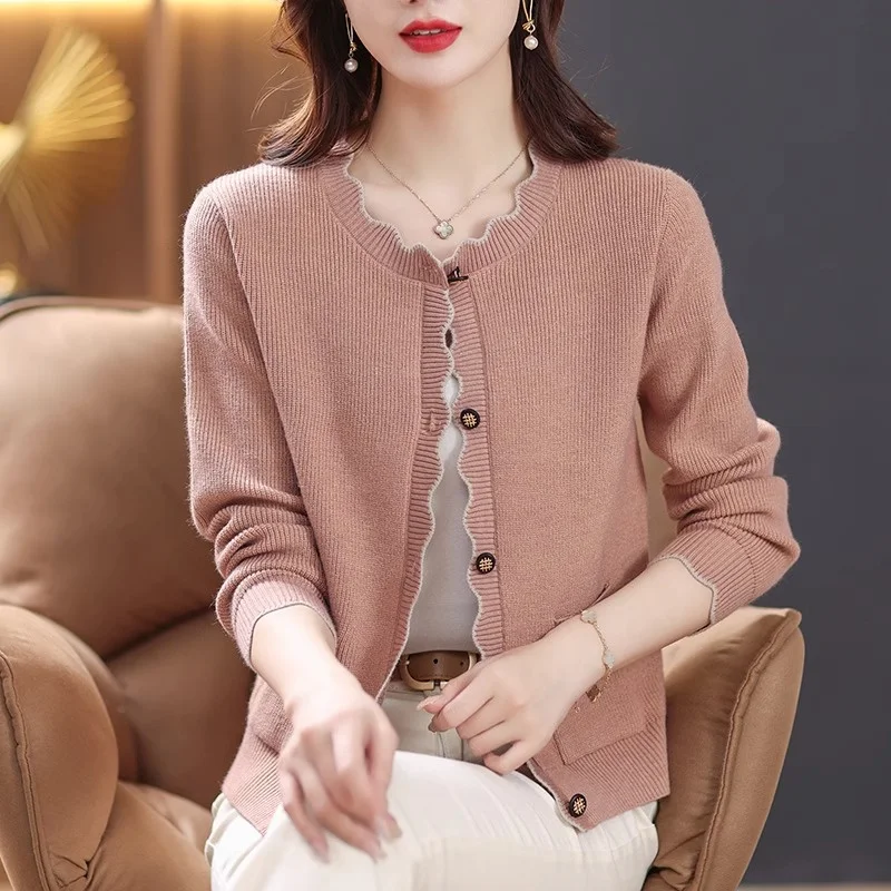 

Dongguan Daliang Women's Knitted Sweater No Pilling New Early Autumn Middle-aged Mom Wooden Collar Open Cardigan Coat