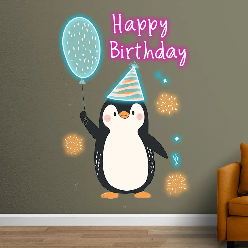 Little Penguin with Balloon Birthday Blessing Neon, LED Decoration Light, Cute Birthday Party Decoration, Creative Gifts