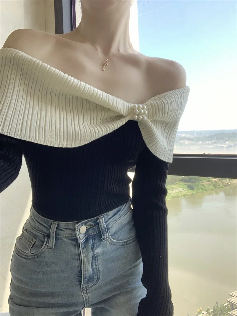 KUSAHIKI Hit Color Off Shoulder Sexy Strapless Long Sleeve Slim Knitwear Tops 2023 Autumn Winter Bottoming Knitted Sweater Mujer