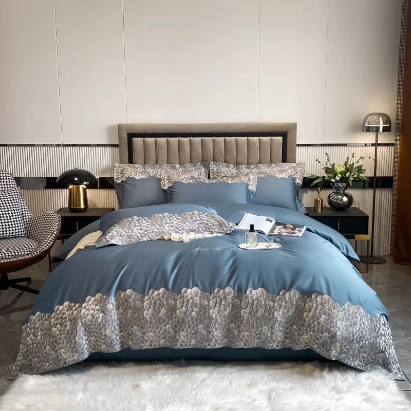 

2024 High-end Light Luxury Style Long-staple Cotton Four-piece Set Pure Cotton New Sate Embroidery Quilt Set Bedding Blue Color