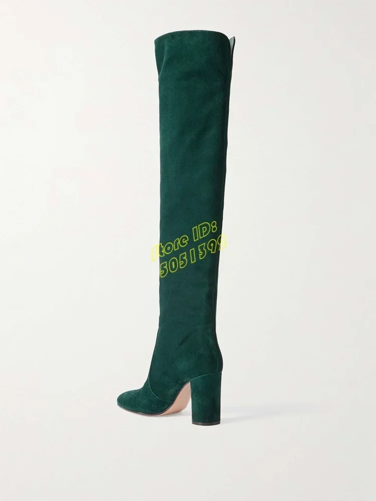 Customized Products Army Green Over The Knee Boots Block High Heel Round Toe Zipper Runway 2025 Winter Autumn Boots Square Heel
