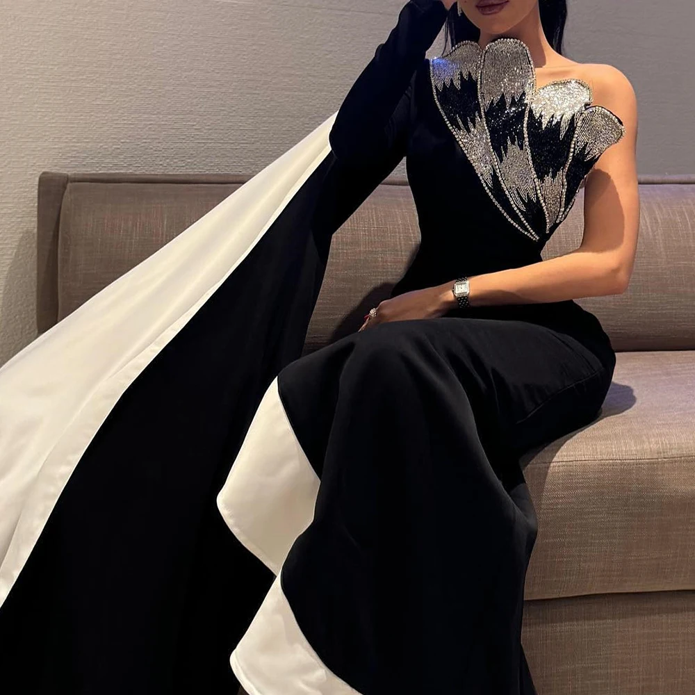 تخصيص رشيقة واتو قطار مطرزة الطيات كريستال صدفي فساتين حفلات أنيقة غمد واحد الكتف جيرسي طويلة الأكمام P