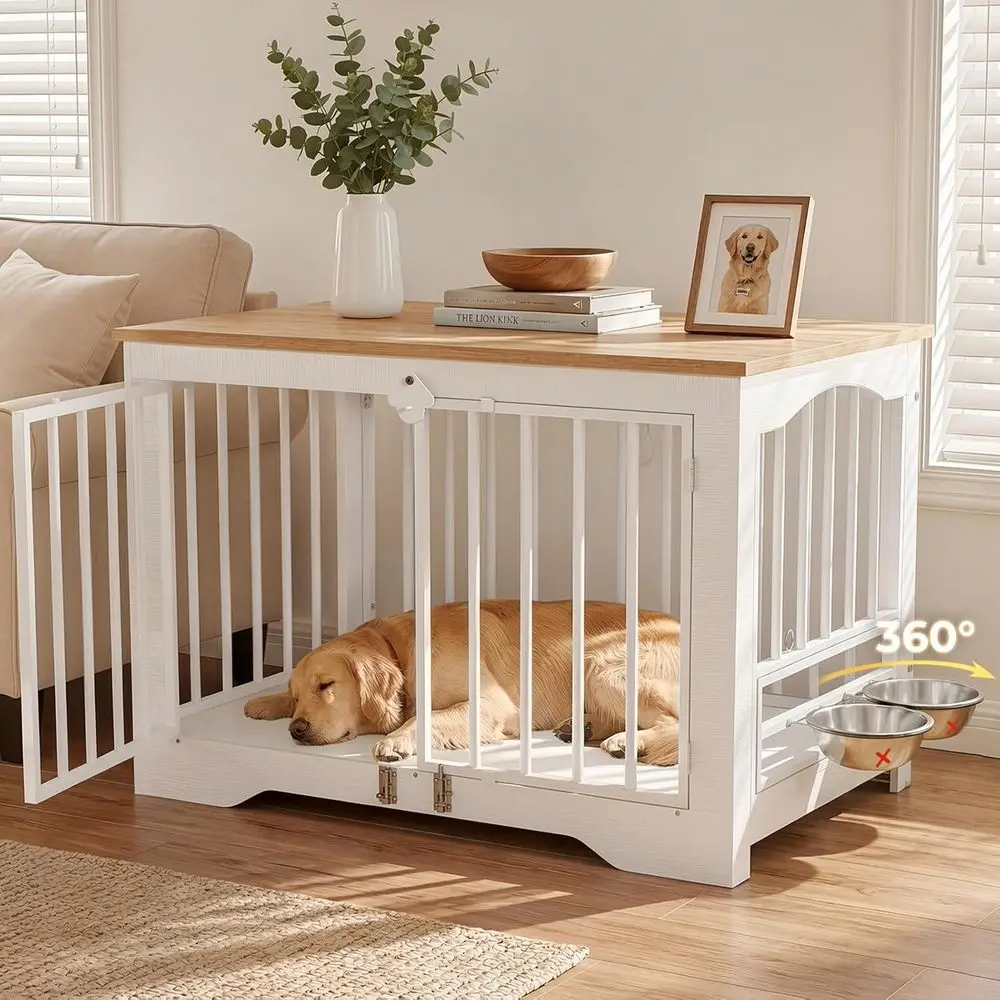 Dog Crate urniture 38in, Wooden Indoor Pet Kennel End Table with 360 Degree Rotating eeder Door, Secure Double es and Solid Base