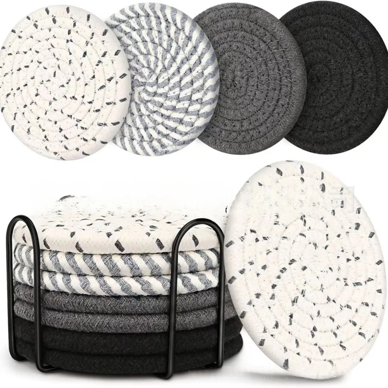 Cotton Rope Woven Placemat, Pot Mat, Kitchen Dining Table, Thick Insulation Mat, Round Cotton Thread Woven Coaster -8 Pieces Set