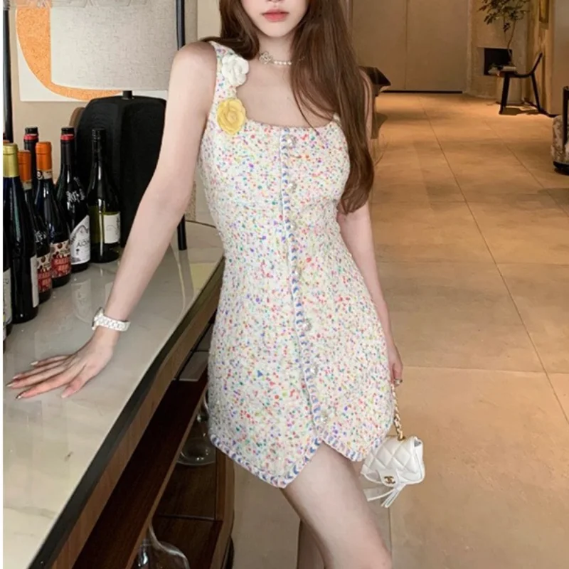 

Small Fragrant Yellow Vest Dress Women Summer New Korea Single-breasted Casual Plaid Slim Female Mini Sleeveless Tweed Dress