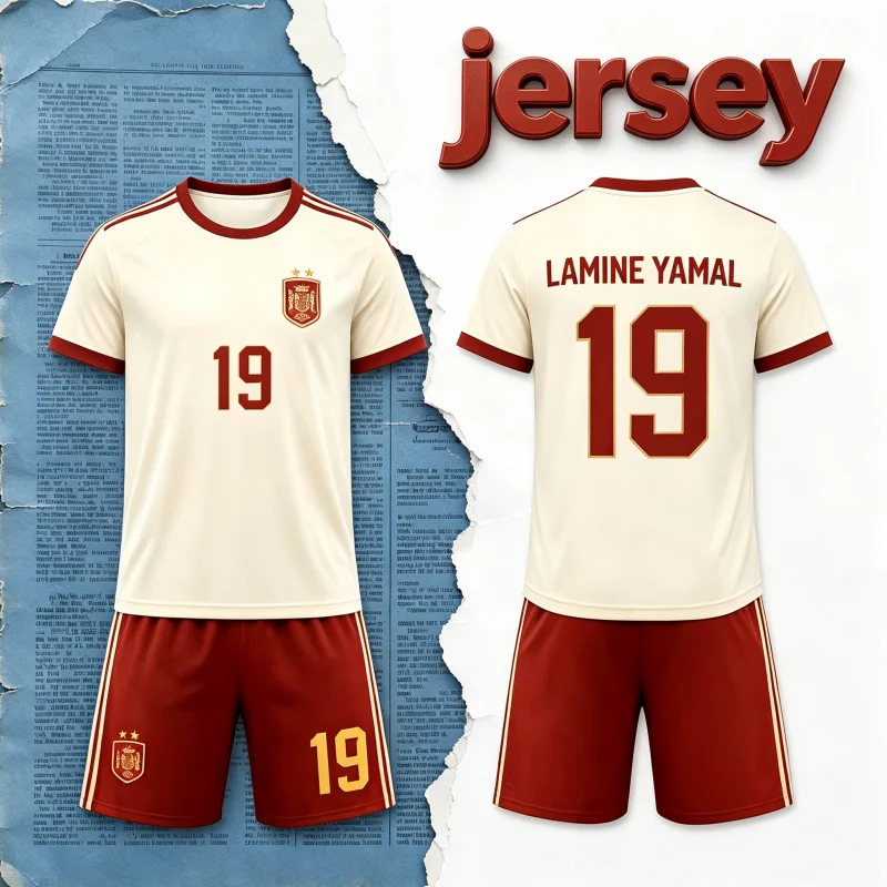 Image of Spanische Nationalmannschaft Weißes Auswärtstrikot, Lamine Yamal Nr. 19 Kurzarm-Fußballtrikot und Passende Shorts für Familie und Kinder