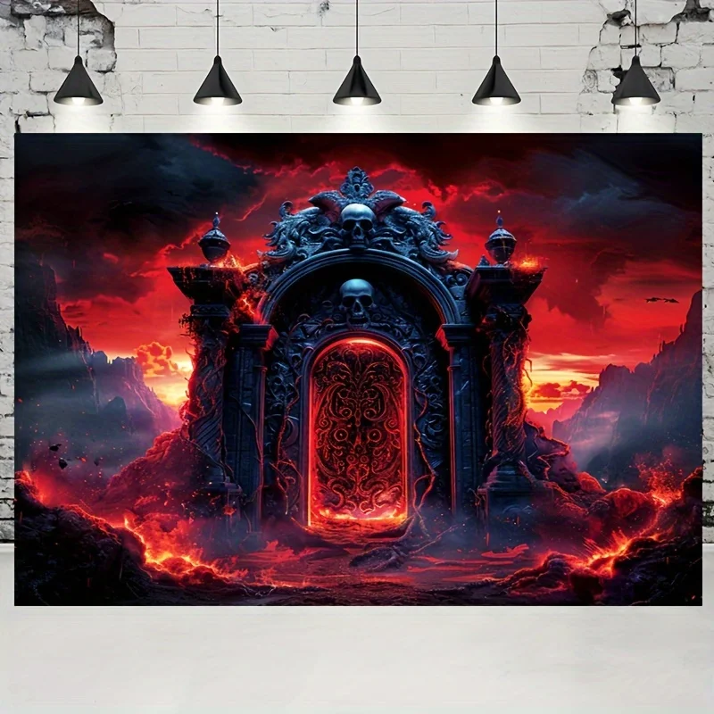 بوابة الجمجمة الغامضة. خلفية مع بوابة قوطية داكنة وأشواك وضوء أحمر جحمي وسحب ونيران.