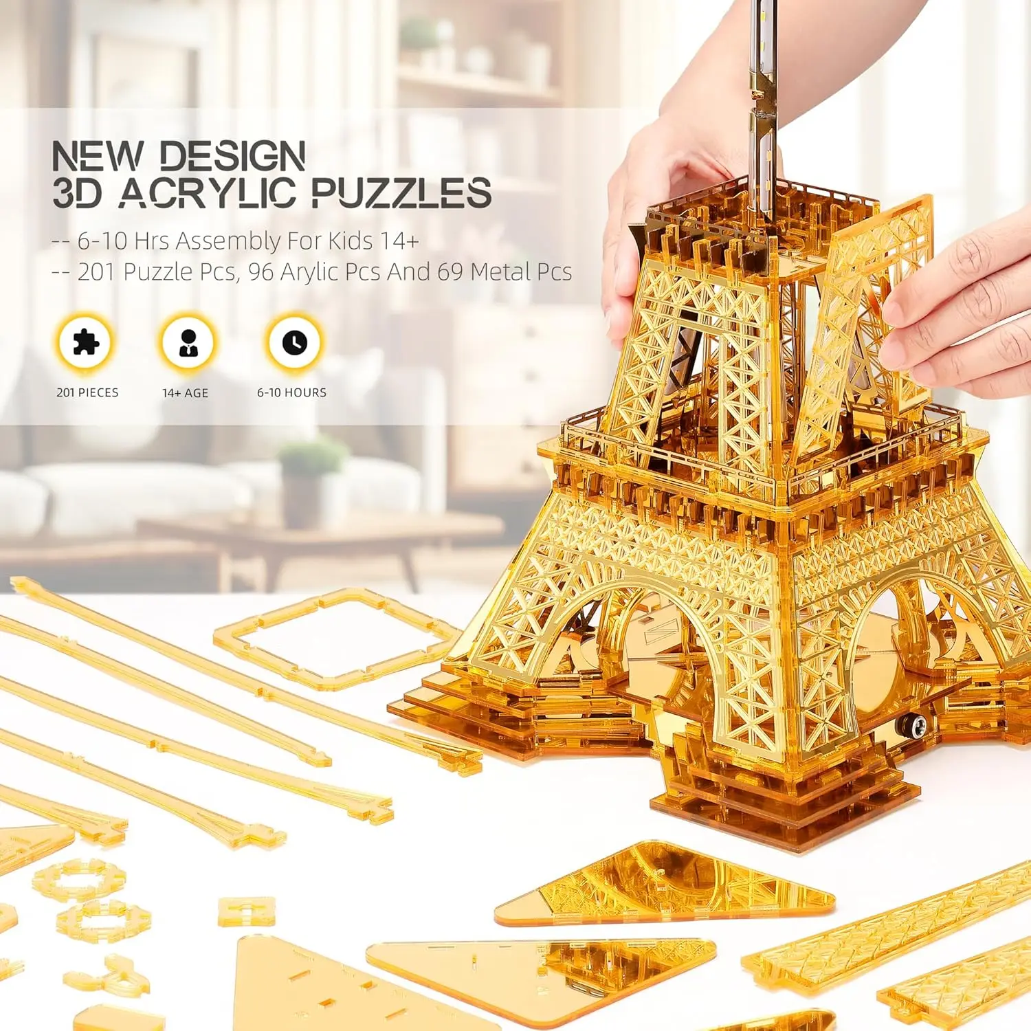 21-Zoll-3D-Puzzle aus Acryl und Metall, LED-Eiffelturm-Modellbausatz, Heimdekoration, Wahrzeichen von Paris, Atmosphäre, Nachtlicht für Erwachsene