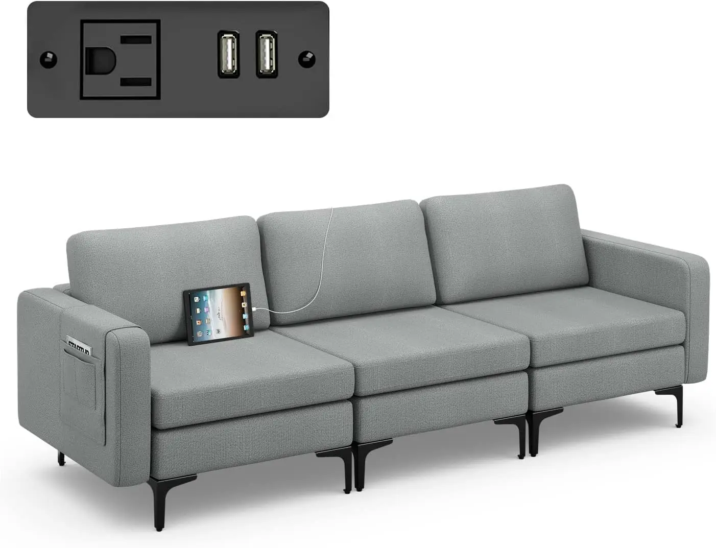 94.5" Modular Sectional Sleeper Sofa, 3-Seat Couch with USB Ports Thick Cushions Metal Legs for Living Room Reception Office