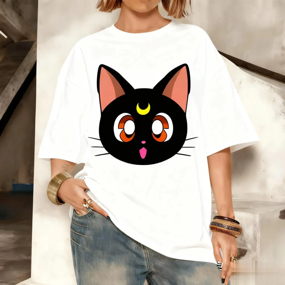 2026 Summer Sailor Moon Luna Black Cat Pink Circle T-Shirt, Cotton Loose Oversized Tee for Adults & Kids Y2K Streetwear
