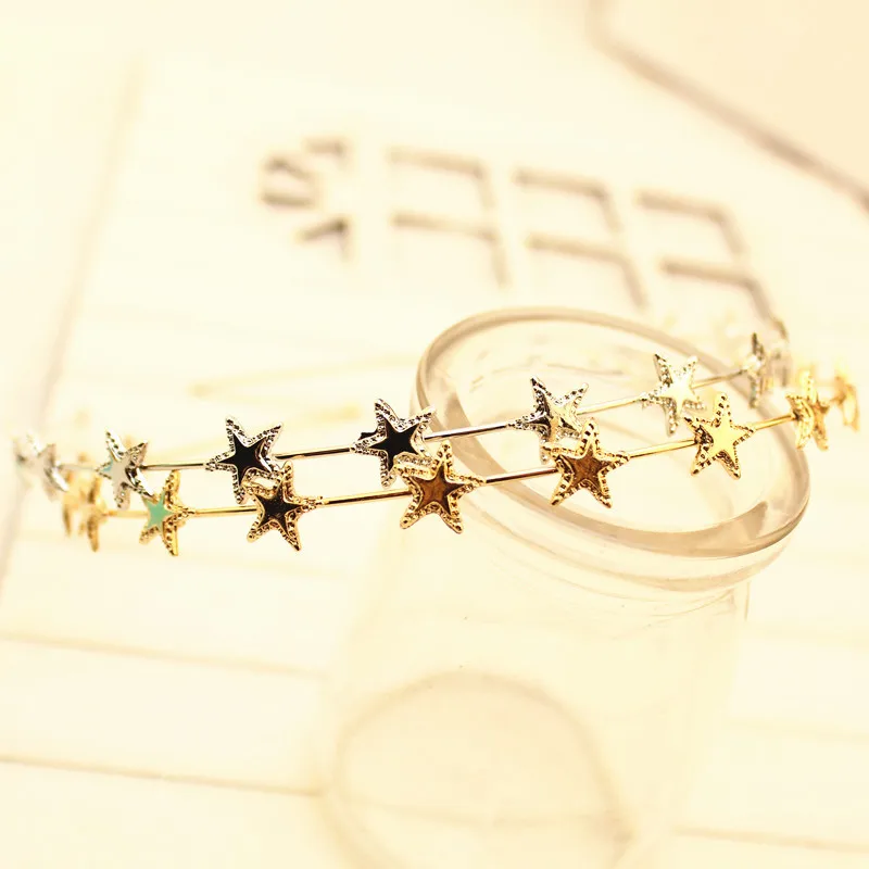 Fashion Women Gold Silver Metal Pentagram Star Hairbands Geometric Thin Headbands Elegant Headdress For Daily Party