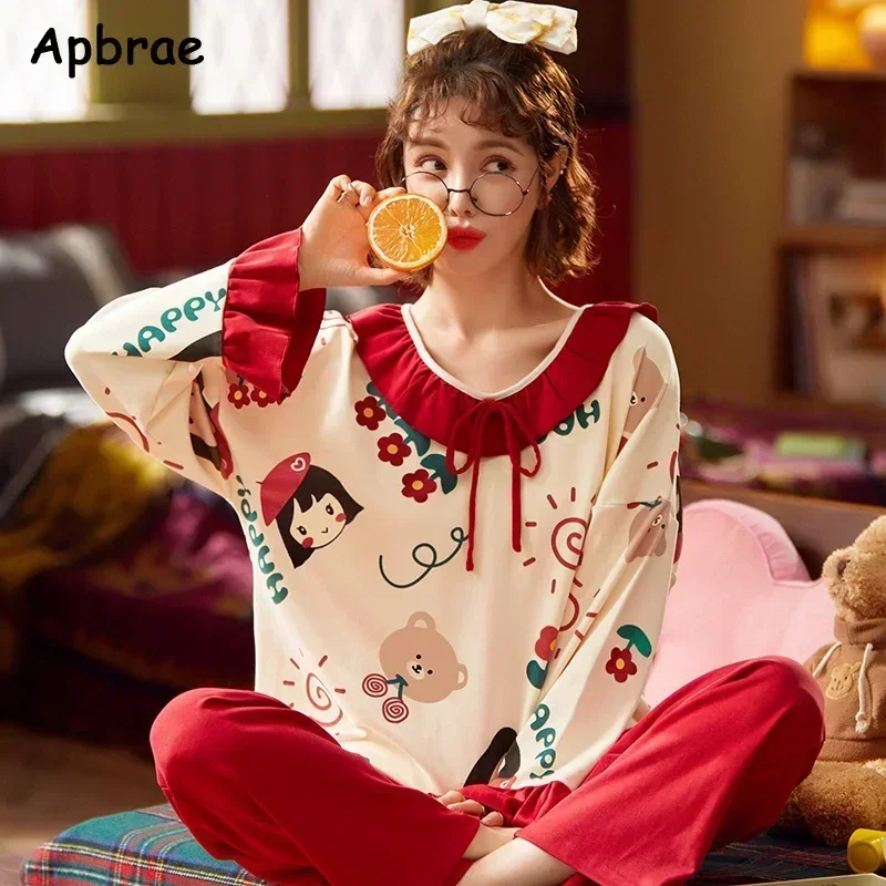 100% Cotton Pajamas Set Autumn Winter Cute O-neck Pajama Long Sleeve Long Pants Women Pijamas Fashion Loungewear for Girl