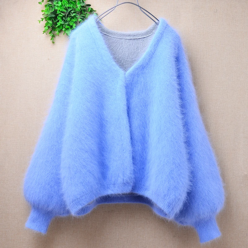 

Female Women Fall Winter Clothing Sky Blue Hairy Mink Cashmere Knitted Long Lantern Sleeves V-Neck Loose Cardigans Sweater Coat