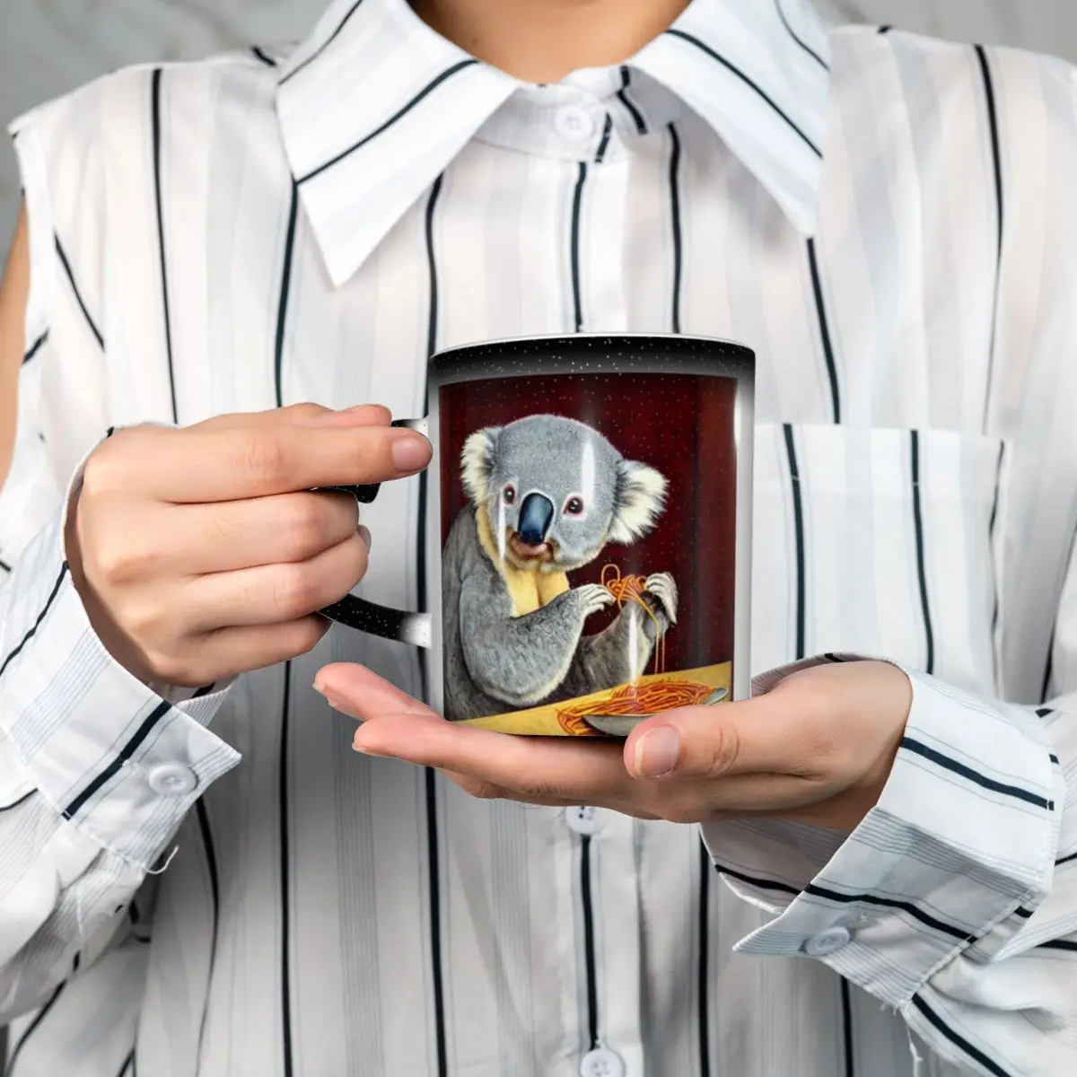 Cute Koala Sitting At A Table Eating Spaghetti Mug Funny Ceramic Coffee Cups Tea Mugs Milk Cup Drinkware Gift for Woman Man