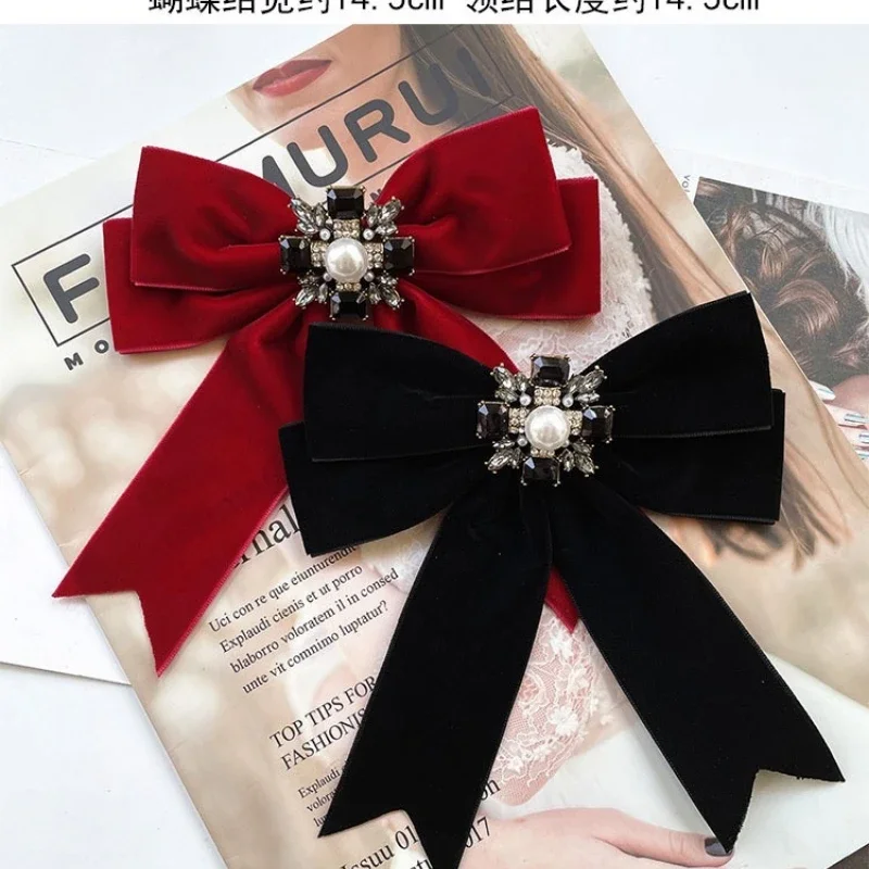 Korean Version Velvet Bow Tie for Woman Small Fragrance Pearl Rhinestone Temperament Versatile Coat Fashion Collar Flower