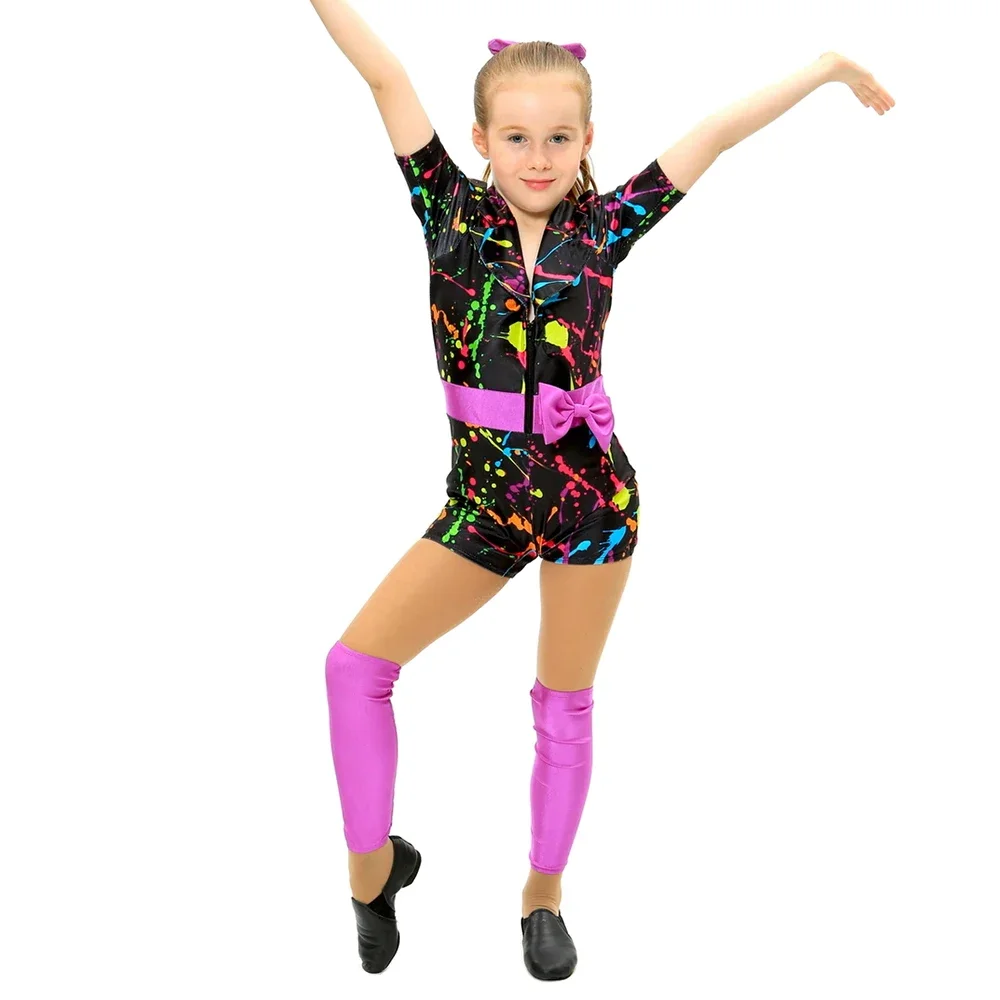 MiDee Colorful Dance Gymnastics Jumpsuit Girls Kid Bow Abstract Short Classical Ballet Bodysuit Professional Dance Stage Cloths