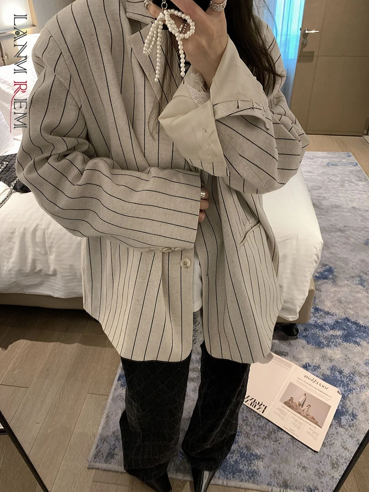 LANMREM Casual Striped Coat For Women Notched Long Sleeves Single Breasted Loose Jackets Versatile 2024 New Clothig 2Z1190