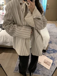 LANMREM Casual Striped Coat For Women Notched Long Sleeves Single Breasted Loose Jackets Versatile 2024 New Clothig 2Z1190