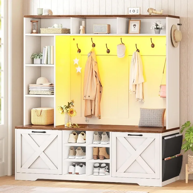 Itaar Hall Tree with Bench and Shoe Storage,  Farmhouse Entryway Bench with Coat Rack, Shoe Cabinet with Flip Drawers, 12 Shelve