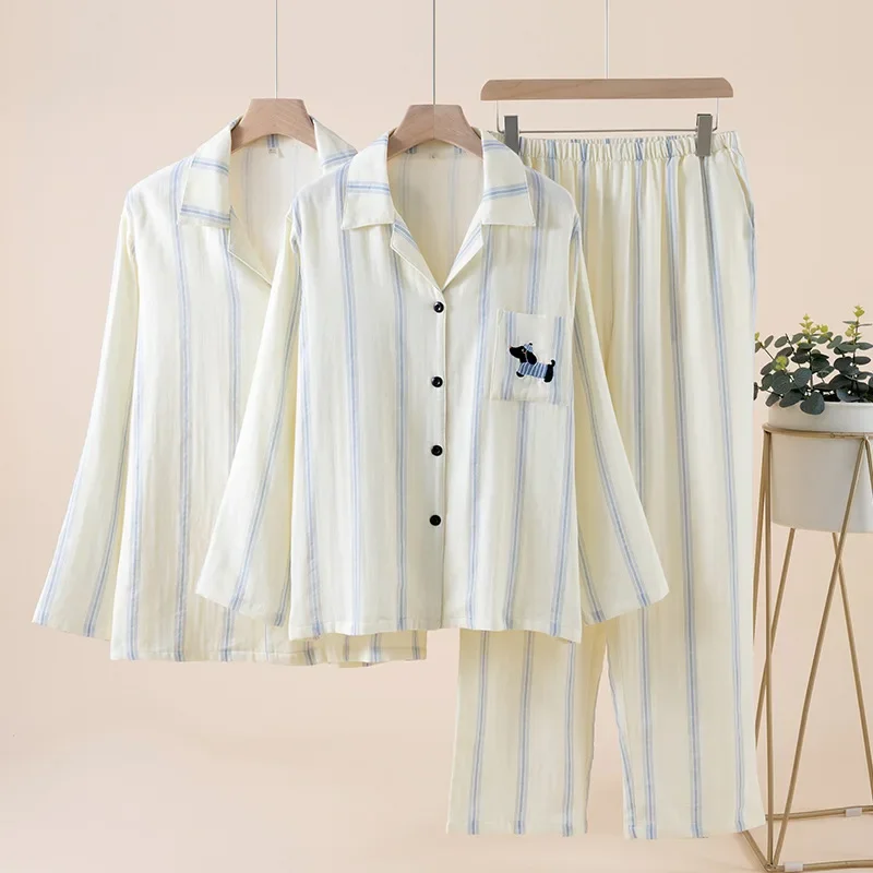 

Couple's Pajamas Set for Spring and Autumn Cotton Striped Printed Simple Embroidery Men and Women's Loose Cardigan Home Clothes