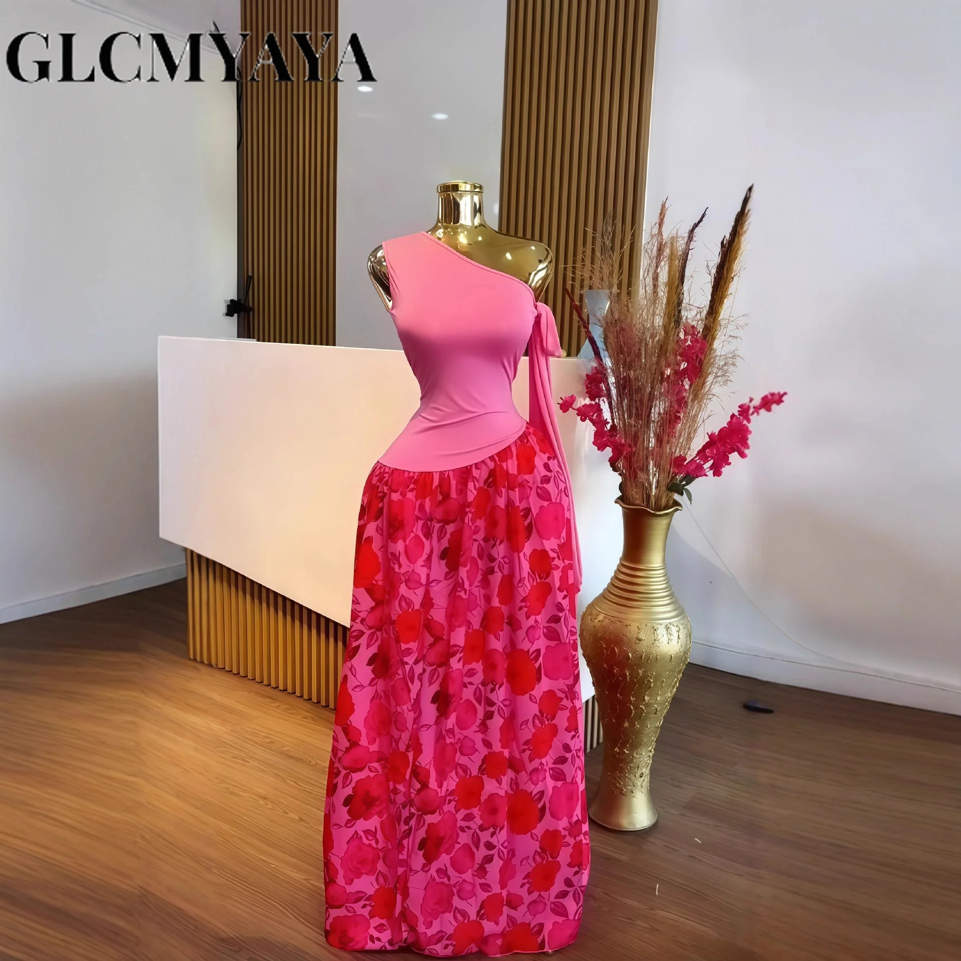 GLCMYAYA المرأة واحدة Bowknot الكتف بلا أكمام الأزهار المطبوعة ماكسي فستان طويل 2025 عطلة مثير نادي الحفلات فساتين Vestidos
