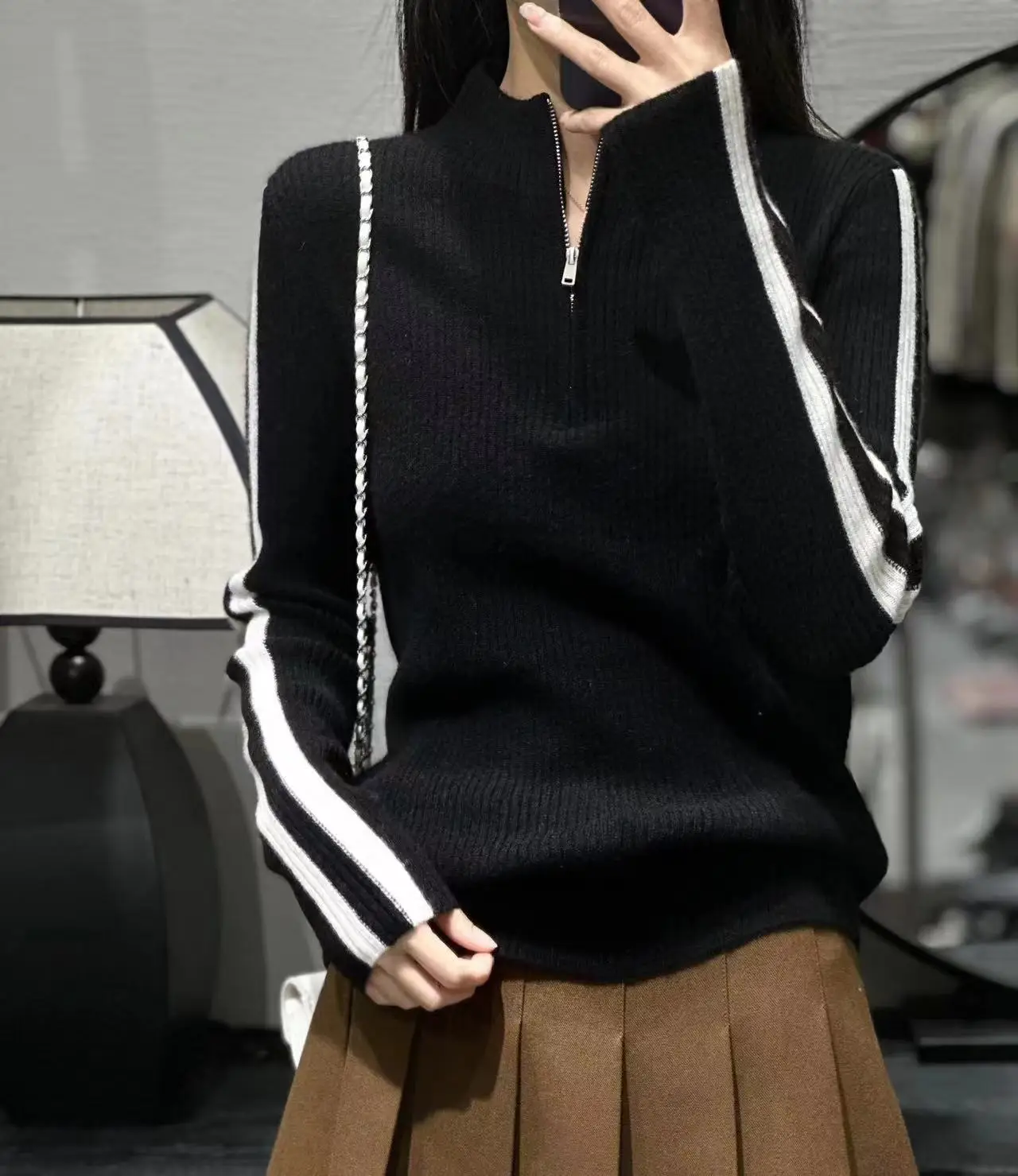 Vertical semi-zipper pullover wool knitted bottoming shirt women's new warm drawstring with semi-turtleneck cashmere sweater.