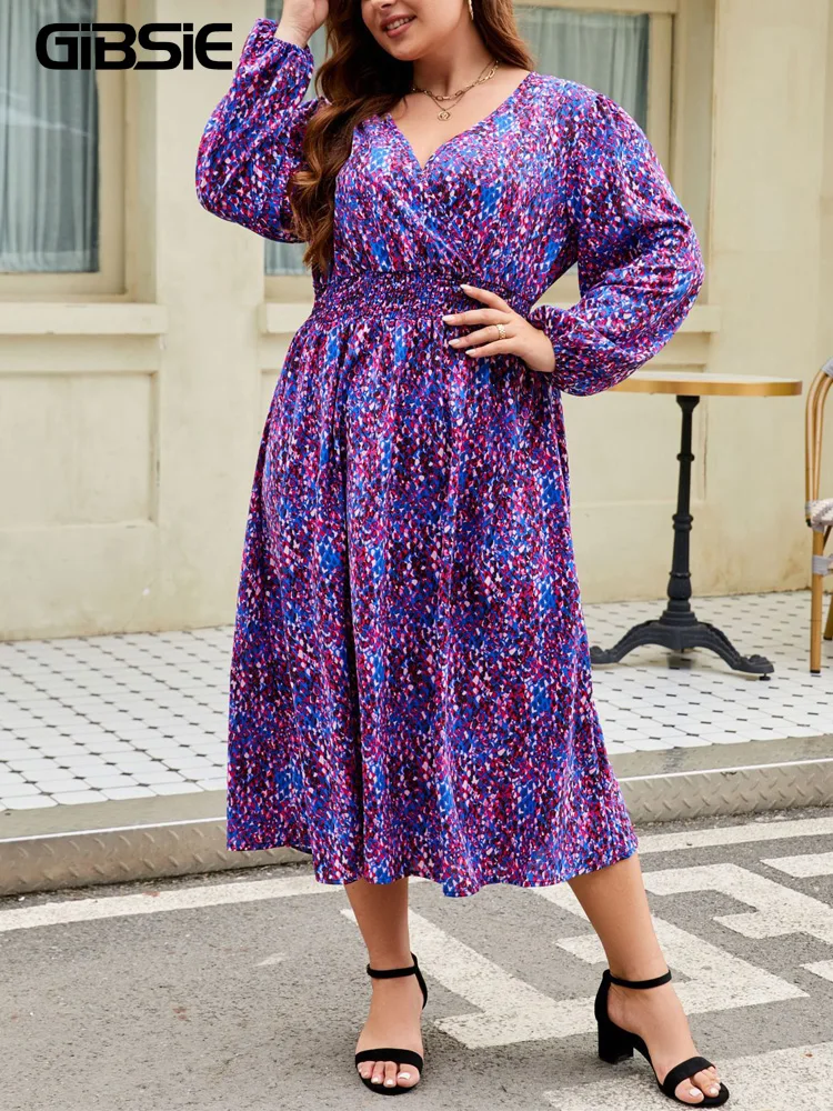 GIBSIE-Vestido longo com estampa boho feminino, envoltório com decote V, manga cheia de lanternas, cintura alta, vestidos linha A, elegante, casual, plus size, 2019