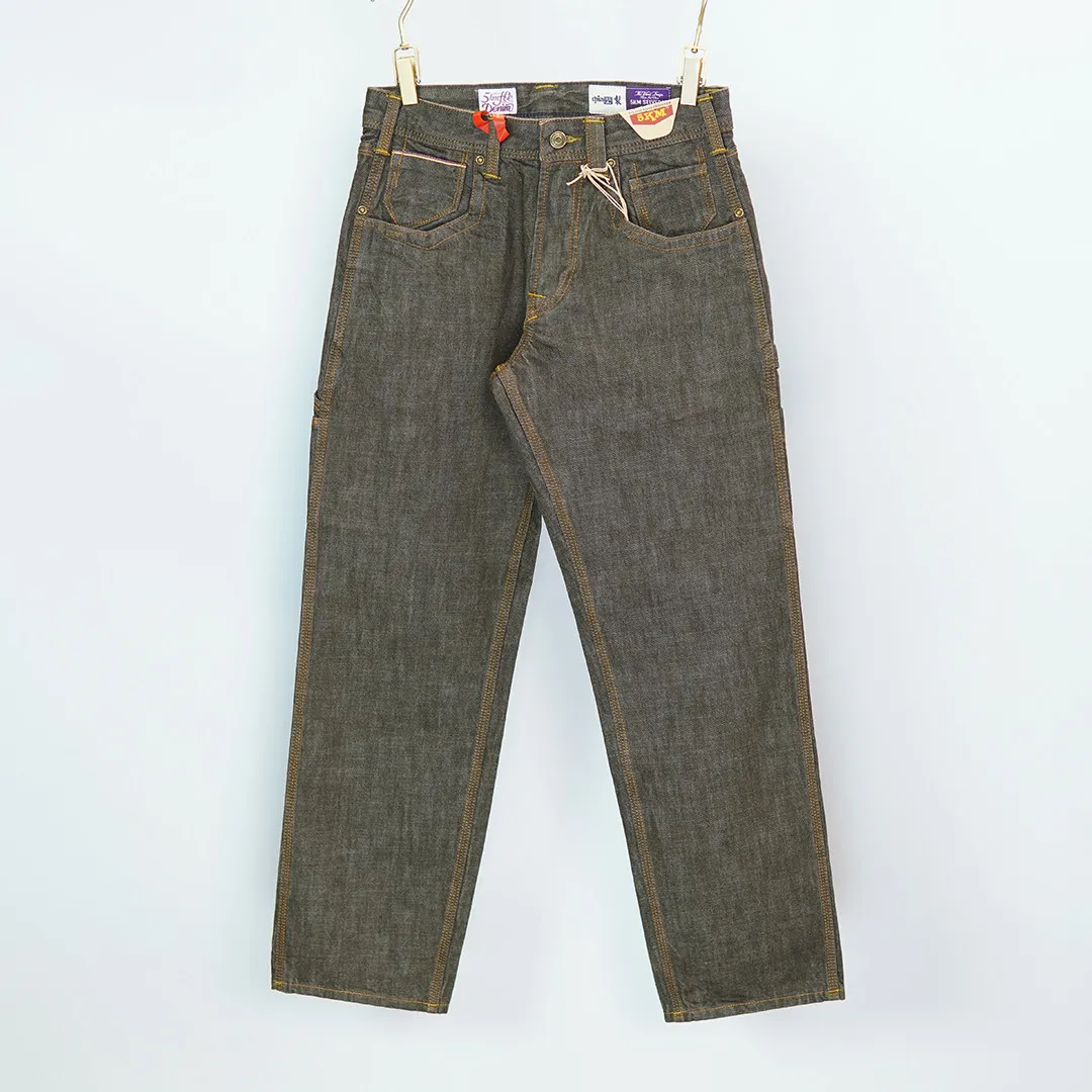 Persimmon-Dyed 13oz Selvedge Denim Workwear Jeans for Men 100% Cotton American Retro Regular Straight Long Pants in Olive Green